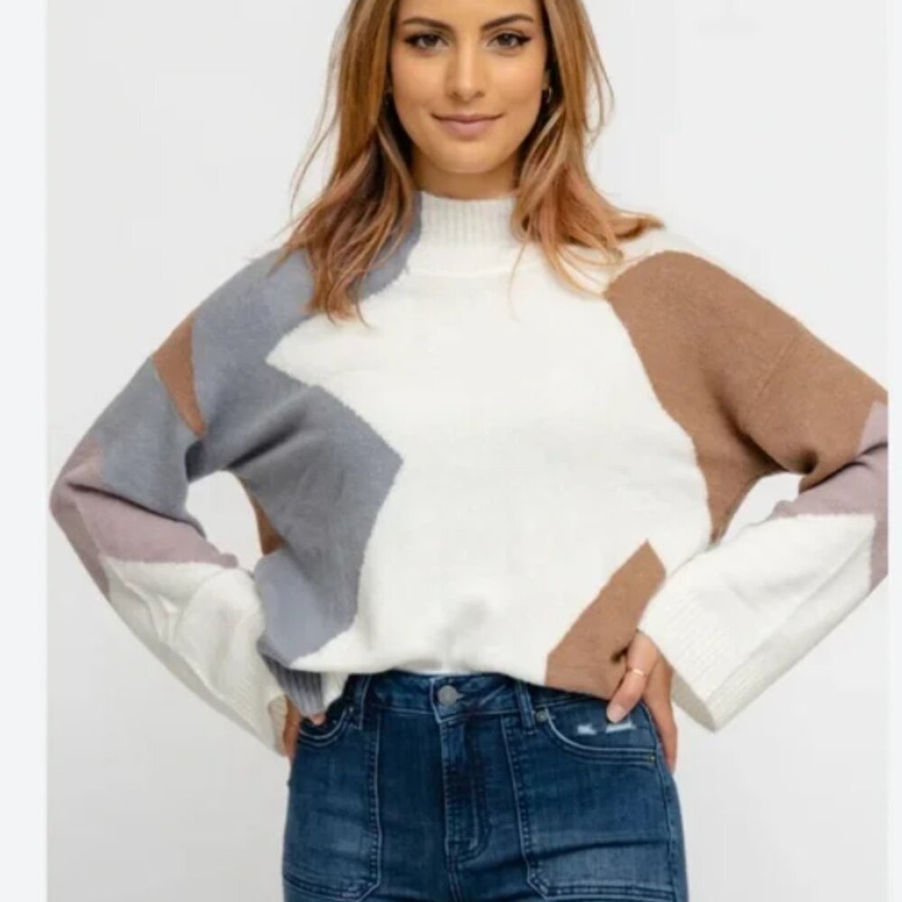 Gilli Women's Color Block Geometric Pattern Mock Neck Soft Sweater Medium